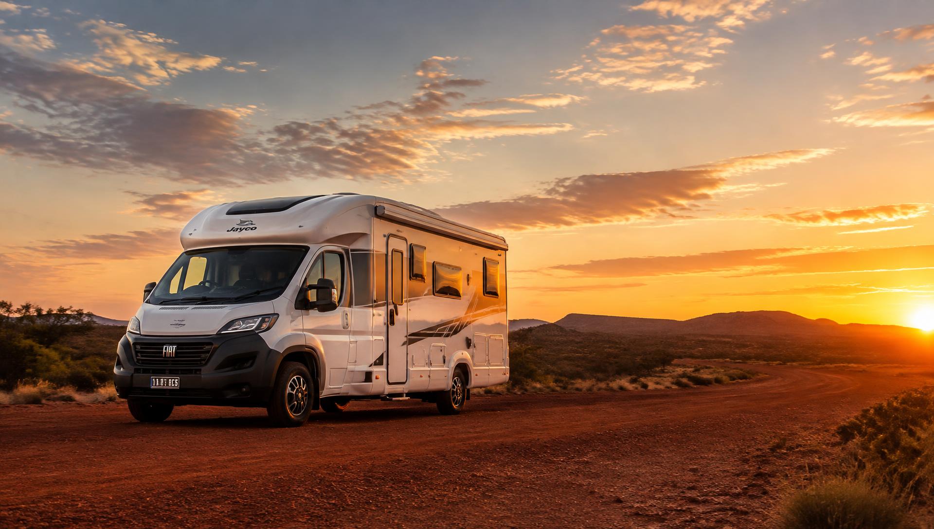 Motorhome on a red dirt road in Western Australia at sunset