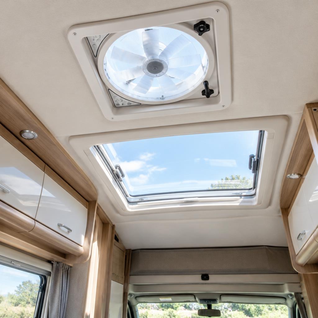 Roof fan and skylight in a motorhome ceiling