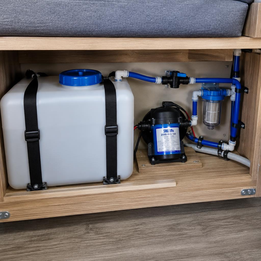 Water tank and pump installed under a caravan seat